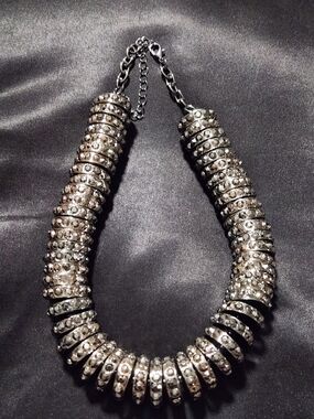 ​H&M Hematite Tone Stacked Crystal Ring Bib Statement Necklace Chunky Industrial